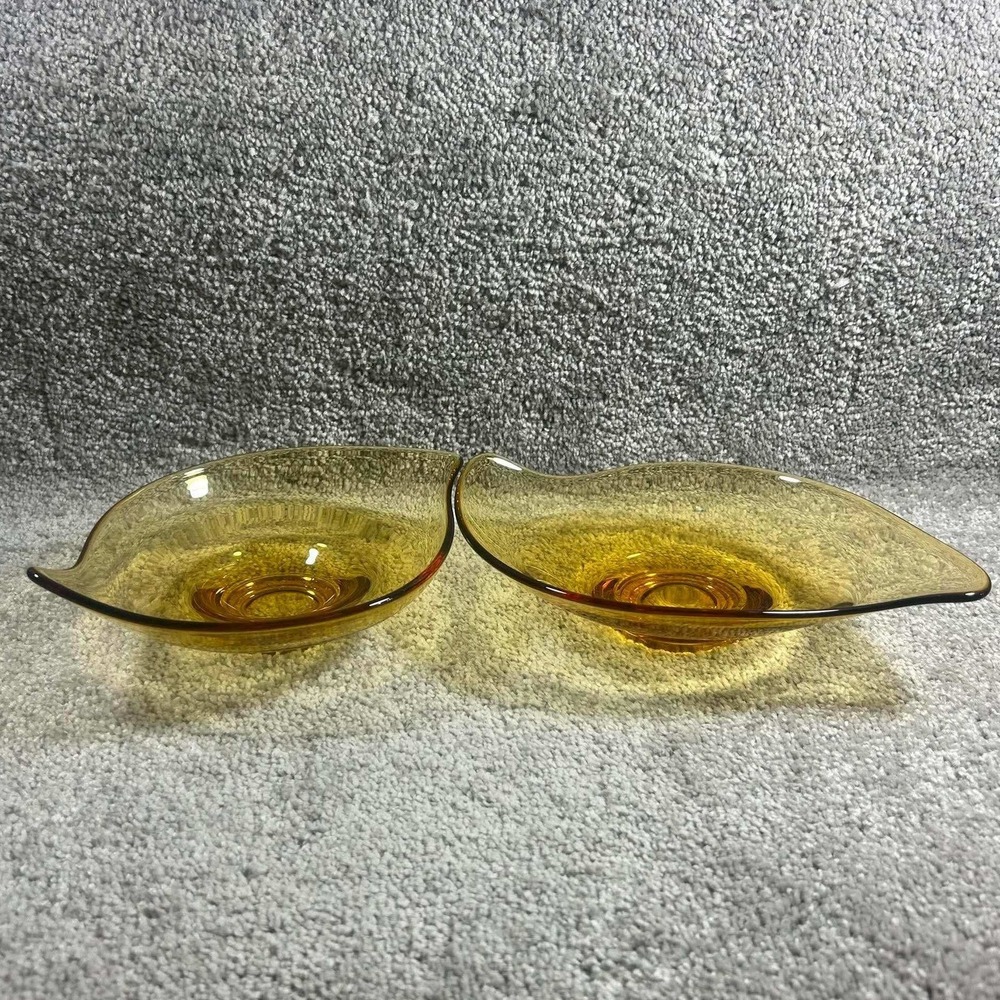 Viking Glass Epic Amber Oblong Bowls MCM Bonbon Dishes Vintage Art Glass 2pc Set